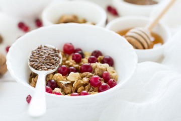 Healthy breakfast: muesli with walnuts, milk, honey and fresh cranberries on white wooden background. Selective focus