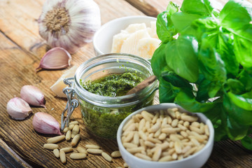 Italian pesto sauce served with pasta trofie.