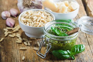 Italian pesto sauce served with pasta trofie.