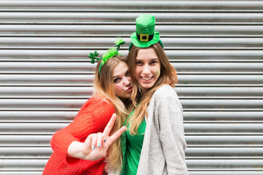 Female Best Friends Having Fun During St Patrick's Day in Dublin