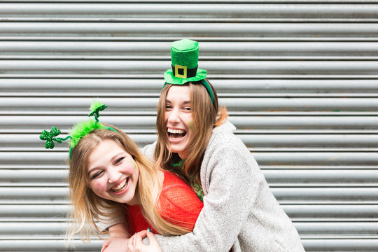 Female Best Friends Having Fun During St Patrick's Day in Dublin