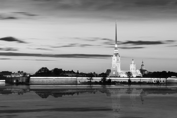 Fototapeta na wymiar Night view of the Peter and Paul Fortress, St. Petersburg , black-and-white image