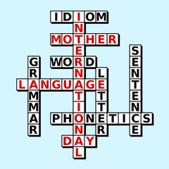 International mother language day card. Words placed in crossword.