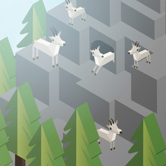 Mountain Goats on a Cliff, Mountainside Isometric Style - Vector