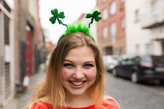 Young Ireish Woman With a Funny Hat For St Patrick's Day Dublin