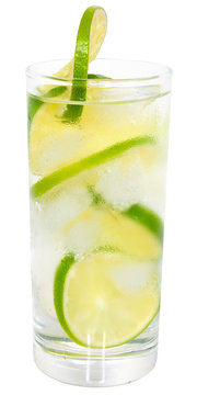 Caipirinha cocktail with ice cubes in a highball glass isolated