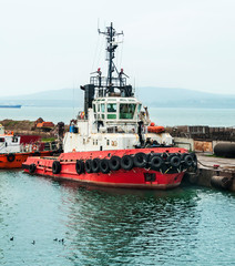 Fototapeta premium Old tires on bow ship.