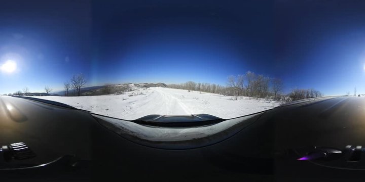 360 VR video, driving on snowy off road, Ultra HD 4K 3840x1920