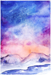 Watercolor nothern lights nature winter space landscape