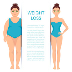 Weight loss design template with place for your text. Obese sad woman becomes slim and happy due to diet and fitness exercises. Healthy style concept. vector illustration.