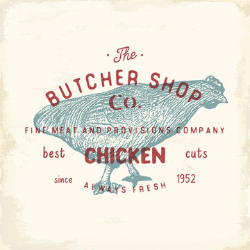 Butcher Shop vintage emblem, chiken meat products, butchery Logo template retro style. Vintage Design for Logotype, Label, Badge and brand design. vector illustration.