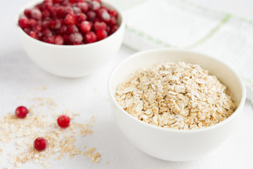 Rolled oats, porridge and cranberries for a healthy breakfast in a rustic style