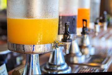 Row of fresh juice at buffet restaurant, Juice buffet self service in morning at hotel