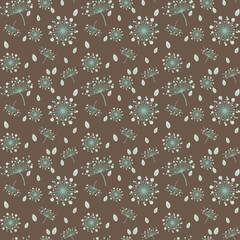 Seamless pattern with spring flowers. Dandelions in mint and light beige color. Floral seamless background for dress, manufacturing, wallpapers, prints, gift wrap and scrapbook. 
