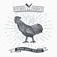 Fototapeta na wymiar Butcher Shop vintage emblem rooster meat products, butchery Logo template retro style. Vintage Design for Logotype, Label, Badge and brand design. vector illustration