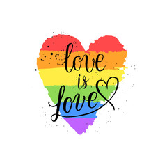 LGBT, gay and lesbian pride greeting cards, posters with spectrum hand drawn paint strokes, hearts, rainbow on Valentine's Day. Vector design elements with hand lettering isolated on white background.