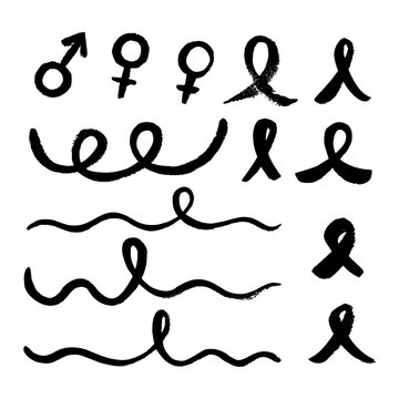 World Aids Day signs, elements set. Vector concept of aids awareness. Design with text, hand drawn red ribbon brush strokes.