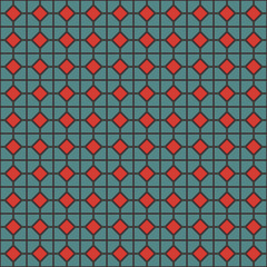 Seamless pattern with symmetric geometric ornament. Red and blue color diagonal square chain background.
