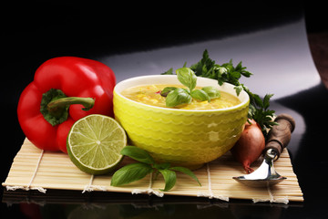 Thai soup. Khao Soi , Northern Style Curried Noodle Soup with Ch