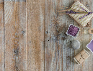 Composition of spa treatment on the wooden table 