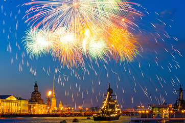 Fototapeta premium Salute fireworks explosions city night lights Saint-Petersburg