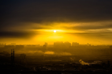 Fototapeta na wymiar Silhouette city sun light sunset doomsday sky sunrise sunset building industrial