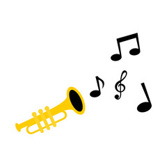 Trumpet playing with music notes. Simple isolated vector illustration on white background.