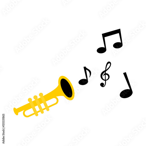 "Trumpet playing with music notes. Simple isolated vector illustration