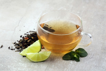 Tea. Herbal tea. Mint leaf. Tea in a glass cup, mint leaves, dri