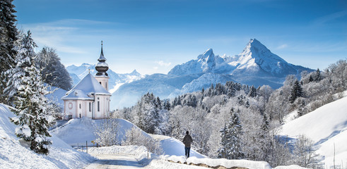 Church of Maria Gern with Watzmann in winter, Berchtesgadener Land, Bavaria, Germany
