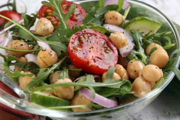 Healthy homemade chickpea and veggies salad, arugula, diet, vege
