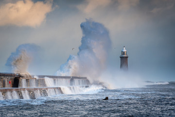 Fototapeta na wymiar Big Wave hits Tynemouth Pier, as a stormy sea hits it, resulting in high crashing waves cascading into the mouth of the River Tyne