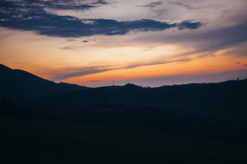 Sunset in the Carpathian mountains. Beautiful mountain view.