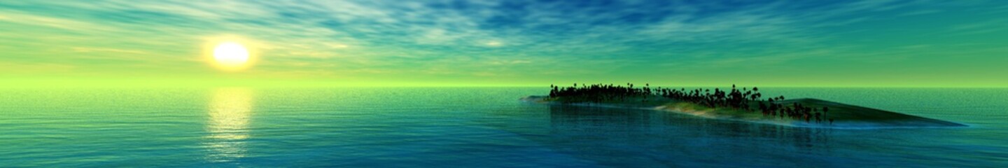 Fototapeta premium Panorama of the sea sunset over the island, the light above the water, ocean sunset over the tropics