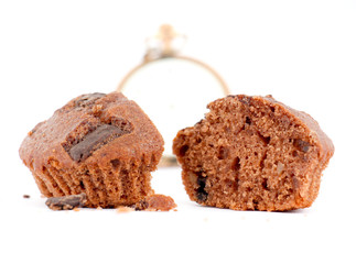 fresh baked chocolate muffin on white background