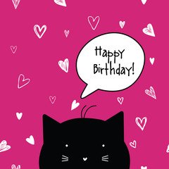 Happy Birthday card. Cat character. Seamless pattern at the background.