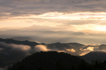 Fog Of Sunrise And Mountain