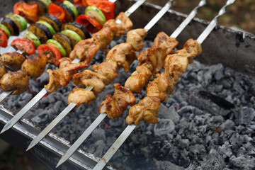 Beef and chicken kebab. Fresh meat at grill, bbq