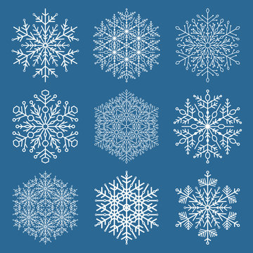 Set of snowflakes. Fine winter ornament. Snowflake collection. Blue and white colors