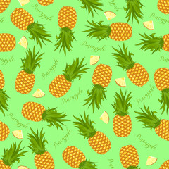 Seamless background of whole pineapples and pineapple slices. Pattern.