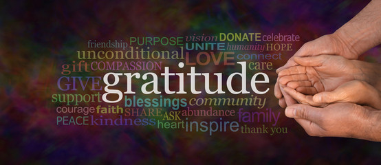 Gratitude Attitude Website Campaign Banner -  Male hands  cradling female cupped hands on a wide warm dark multicolored background with a GRATITUDE word cloud  - obrazy, fototapety, plakaty