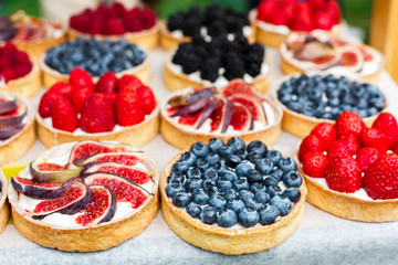 Fruit and berry tarts dessert tray assorted outdoors