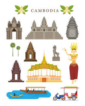 Cambodia Landmarks and Culture Object Set, Colourful, Design Elements, Architecture and Transportation