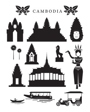 Cambodia Landmarks and Culture Object Set, Design Elements, Black and White, Silhouette