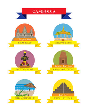 Cambodia Provinces and Landmarks Icons Set, City, Travel and Tourist Attraction