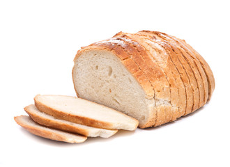 Sliced crusty country style round organic french bread isolated on white background