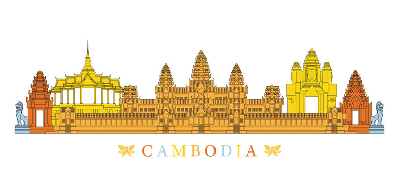 Cambodia Landmarks Skyline, Line and Colourful, Cityscape, Travel and Tourist Attraction