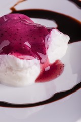 Detail of creamy dessert with berry sauce