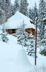 Wooden house on winter slope.