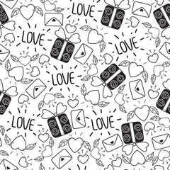 doodle seamless Valentine's day pattern isolated on white background. vector elements: hearts,leaves,cherry,envelopes,gifts and lettering.